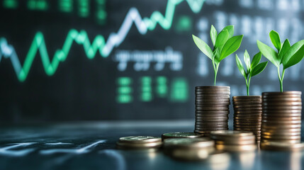 Several coin stacks with vibrant green plants sprouting in front of a chalkboard covered in financial graphs and numbers, symbolizing calculated financial growth and successful inv