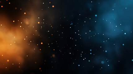 Abstract background with glowing bokeh particles in blue and orange tones on a dark backdrop, evoking a sense of cosmic or festive ambiance.