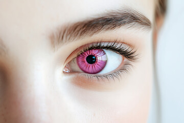 Fototapeta premium Close-up macro portrait of a woman with pink contact lenses, showcasing unique eye color and beauty