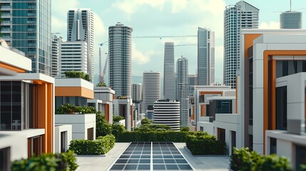 The image shows a modern city with tall buildings and a view of a solar panel in the foreground.