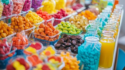Kids Party Catering with Snacks : Colorful kids party table with snacks, sweets, and juice boxes