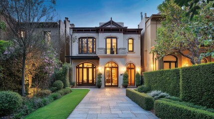 Obraz premium Elegant Townhouse with Inviting Evening View