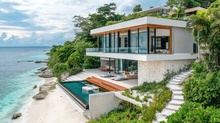 Fototapeta premium Modern Two-Storey Beachfront House with Terrace