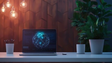 A white desk with an open laptop, a mouse, a pencil holder, and two potted plants. The laptop screen shows a glowing blue sphere of connected dots.
