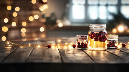 Warm golden Christmas lights strung across a wooden table, with small glass jars filled with festive decorations and cranberries nestled around the lights, creating a rustic holida