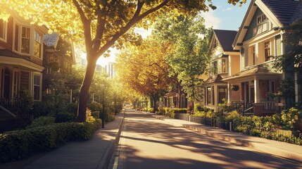 Obraz premium Charming Luxury Houses Lined Along a Tree-Lined Street