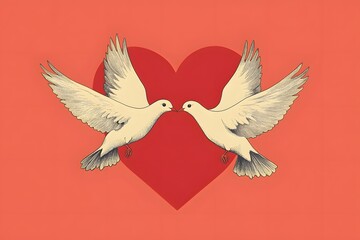 Obraz premium Two White Doves Facing Each Other with a Red Heart in the Background