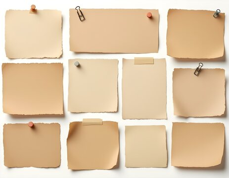 Vintage Blank Paper Notes Collection with Tape, Pins and Clips on White Background - Realistic Textured Design for Scrapbooking and Collage