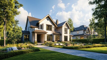 Fototapeta premium Luxury Home Exterior with Lush Landscaping in North