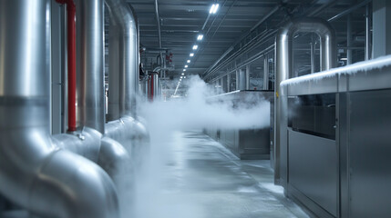 An industrial refrigeration room featuring a network of pipes and a large motor unit, with cool mist hovering in the air and frost slowly accumulating on the steel pipes.