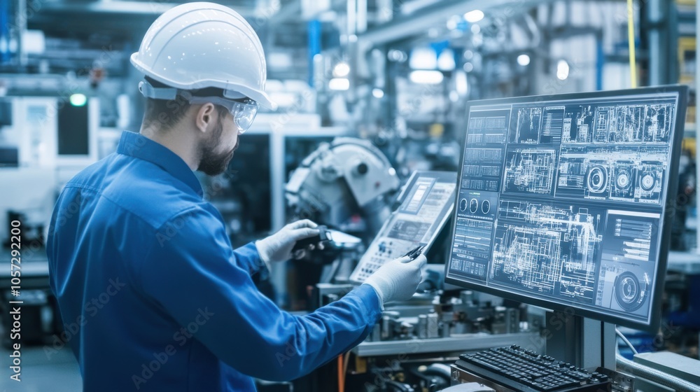 Poster a busy factory floor where engineers use computers to control