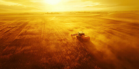 Fototapeta premium A tractor is driving through a field of yellow corn