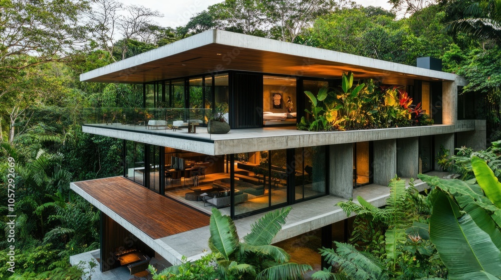Poster modern home with open space surrounded by nature