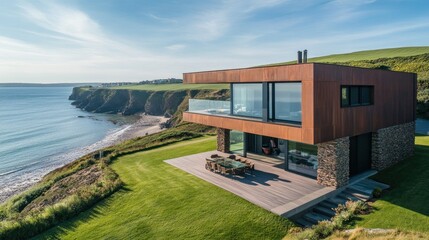 Fototapeta premium Modern Coastal House with Large Terrace Overlooking Sea