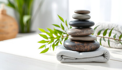 Obraz premium spa and wellness center - stack of massage stones and towels with green plant on white wooden table. banner copy space isolated with white highlights, png