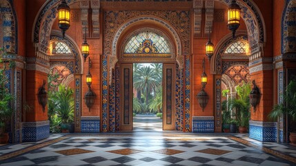 Obraz premium Ornate entrance with tiled walls and lush greenery beyond.