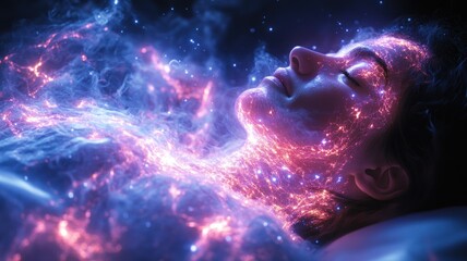 Ethereal figure surrounded by cosmic energy and vibrant colors.