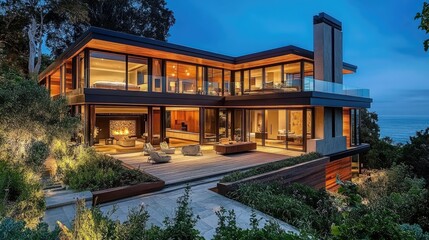 Elegant Modern Home with Open Terrace at Dusk