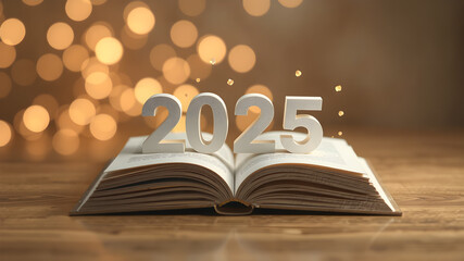 Minimal abstract creative New Year scene 2025 made of books, isolated on pastel beige background. Xmas greeting or gift card. Education concept.