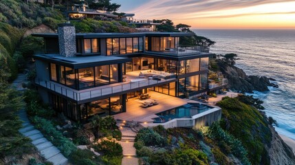 Fototapeta premium Modern Elegant Home with Terrace by the Ocean