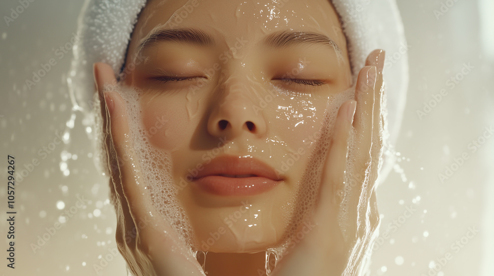 Poster 若くて綺麗なアジア人女性が丁寧に洗顔をしている。 水飛沫が臨場感を出しているスロー撮影。