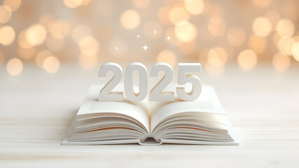 Minimal abstract creative New Year scene 2025 made of books, isolated on pastel beige background. Xmas greeting or gift card. Education concept.