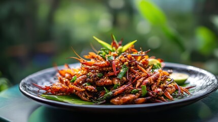 A serving of Isaan-style fried insects, colorful and crispy, beautifully plated,