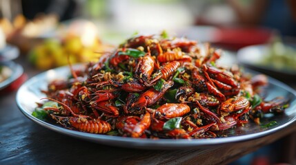 A serving of Isaan-style fried insects, colorful and crispy, beautifully plated,