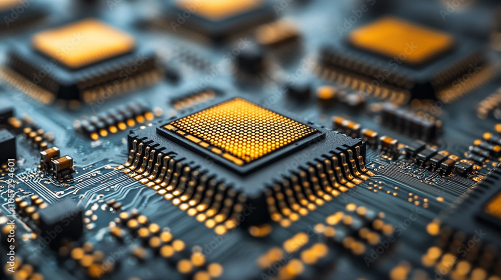 Poster close up of printed circuit board motherboard with connections electrical display chip components.