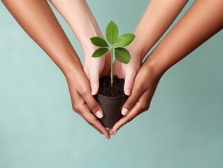 Hands of diverse individuals nurturing a young plant, symbolizing unity, growth, and environmental care.
