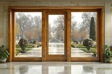 A Wooden Doorway With a View of a Garden and Trees