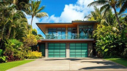 Fototapeta premium Modern Two-Story Home Surrounded by Lush Greenery