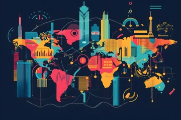 Obraz premium Abstract World Map with Cityscapes and Geometric Shapes