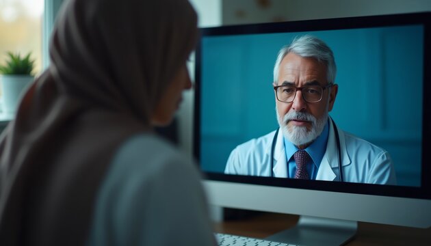 Muslim woman in hijab consulting with senior male doctor via video call, telemedicine for healthcare access and support. Virtual medical consultation, trust, and remote healthcare service