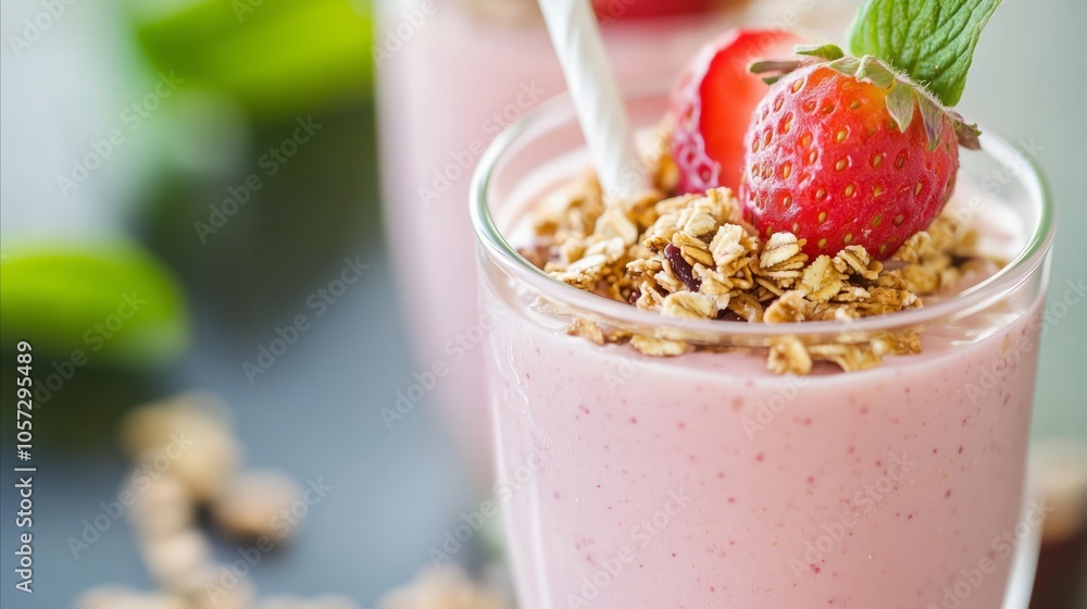 Sticker Glass of strawberry smoothie with granola on top