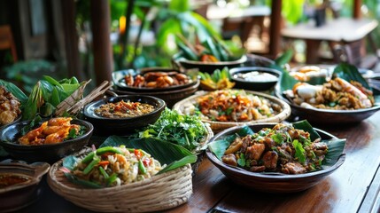 Obraz premium A tempting spread of Isan dishes, plated beautifully,