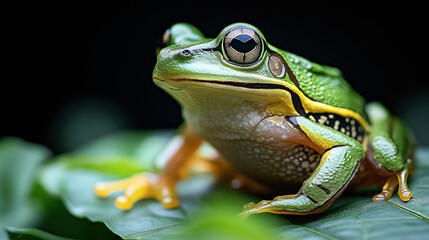 Obraz premium Close-up of a vibrant green tree frog with large eyes sitting on a leaf against a dark background