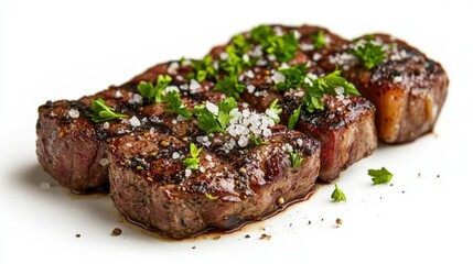 Airborne steak garnished with cracked black pepper, coarse sea salt