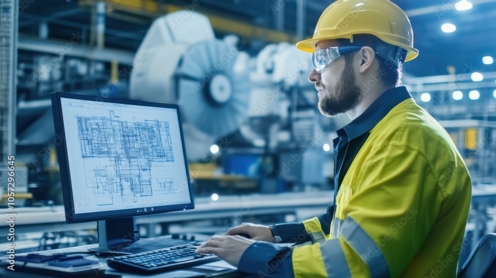 Poster an engineer reviewing blueprints on a computer in an industrial factory