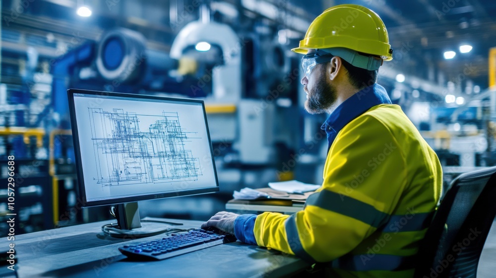 Poster an engineer reviewing blueprints on a computer in an industrial factory