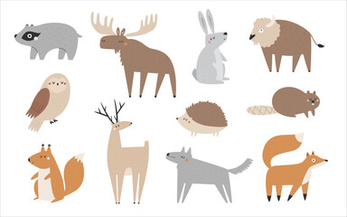 Adorable Set of Vector Animals. Cute Woodland Wildlife Illustration for Design and Art. Bear, Moose, Fox, Wolf, Squirrel, Owl, Rabbit, Bison and Beaver