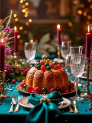 Elegant holiday dessert table with candles and festive decorations