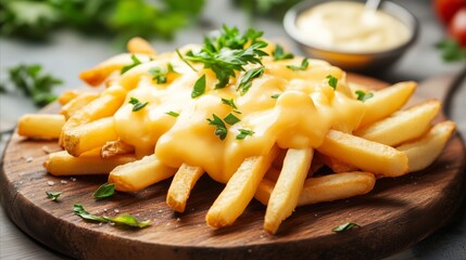 Plate of cheese covered fries sits on a wooden cutting board