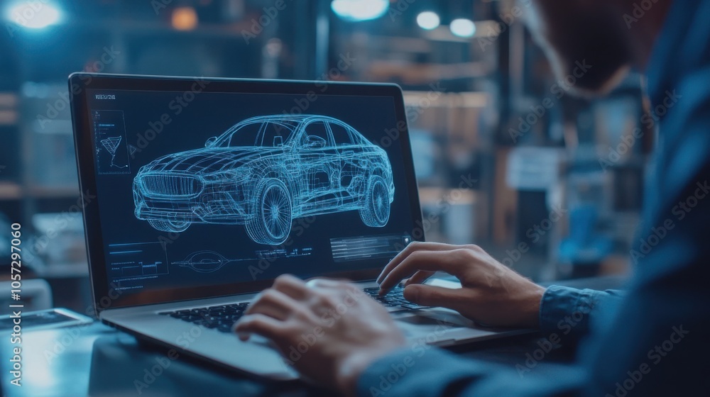 Poster automotive engineer in a high-tech lab using a laptop for vehicle software