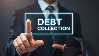 Businessman using virtual touch screen presses inscription: DEBT COLLECTION. Debt collection financial concept. Debt trap, borrowing overdue isolated with white highlights, png