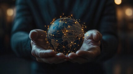 Fototapeta premium Hands Holding a Miniature Globe with Network Lines