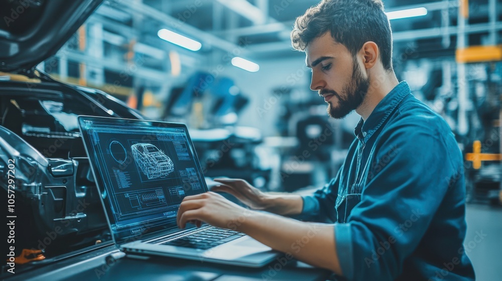 Poster automotive factory worker using computer-aided design software