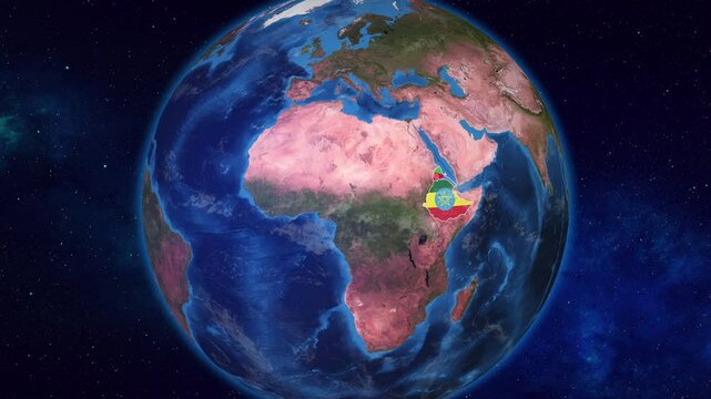 Earth Zooming on Neighbour Countries Eritrea And Ethiopia Highlighted with their flags
