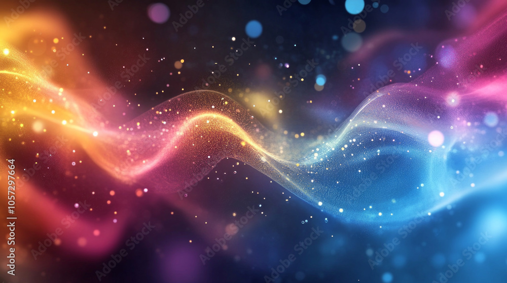 Poster swirling colorful lights and vibrant particles create a mesmerizing abstract art display in a cosmic