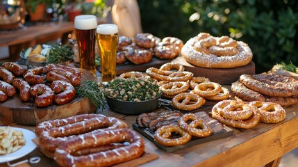 Oktoberfest Catering with Beer and Sausages : Beer, pretzels, and sausages in a festive Oktoberfest setting